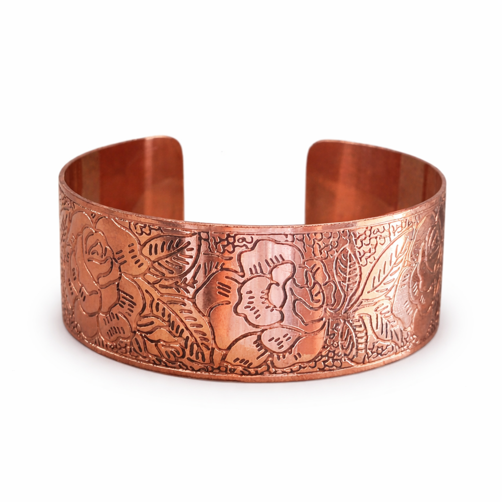 Engraved Floral Copper Cuff Bracelet