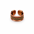 A copper-toned adjustable ring with a braided inlay featuring green and yellow accents, shown on a plain white background.