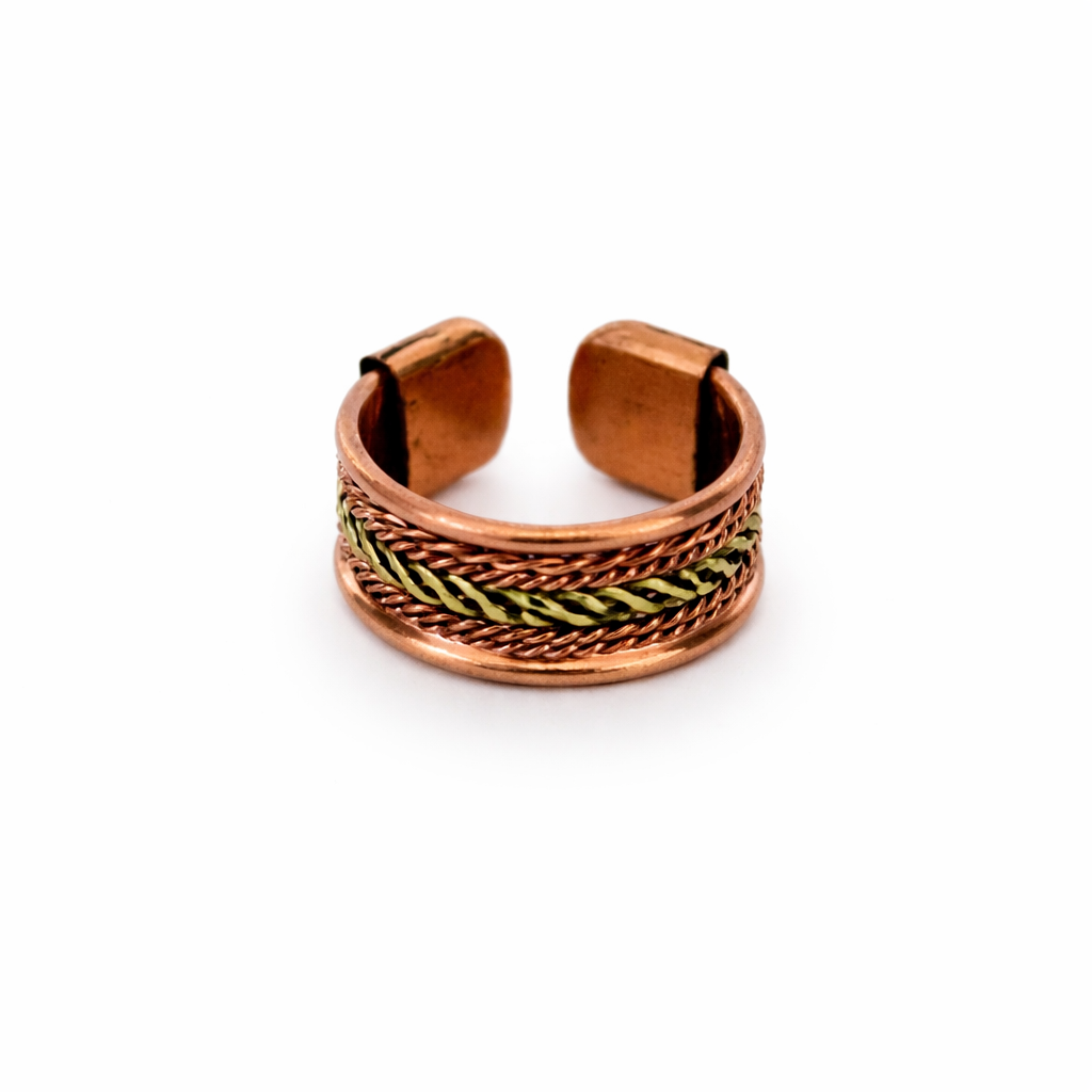 A copper-toned adjustable ring with a braided inlay featuring green and yellow accents, shown on a plain white background.