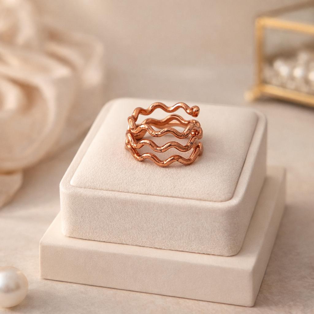 Hand Hammered Copper Wave Ring, Open Band, Boho Jewelry