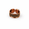 A copper-toned adjustable ring with a textured braided pattern on the outer band, shown on a plain white background.
