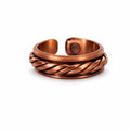 A copper-toned open band ring with a twisted rope texture on the lower band and a magnetic snap closure, shown on a plain white background.