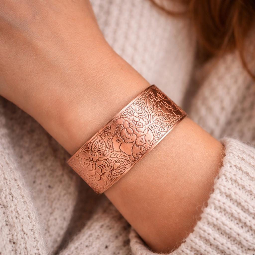 Engraved Floral Copper Cuff Bracelet – Adjustable Kara Handmade Jewelry