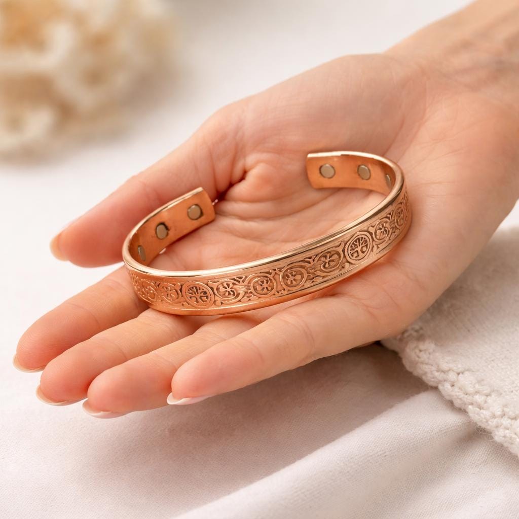 Engraved Floral Copper Cuff Bracelet | Vintage Style Adjustable Bangle