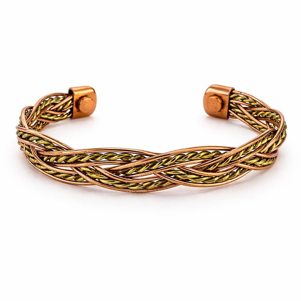 Handmade Copper Braided Bangle, Mixed Metal Braided Cuff Bracelet, Adjustable Fashion Jewelry