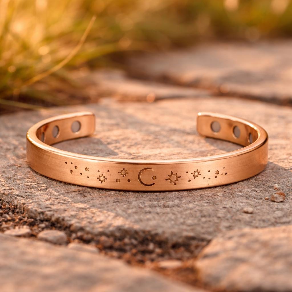 Celestial Copper Cuff Bracelet, Rose Gold Engraved Moon Sun Stars | Hand Finished Artisan Jewelry