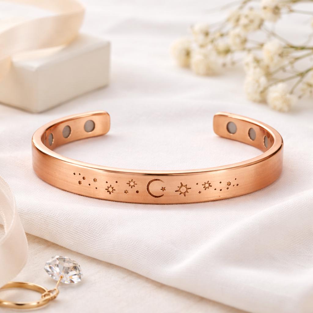 Celestial Copper Cuff Bracelet, Rose Gold Engraved Moon Sun Stars | Hand Finished Artisan Jewelry