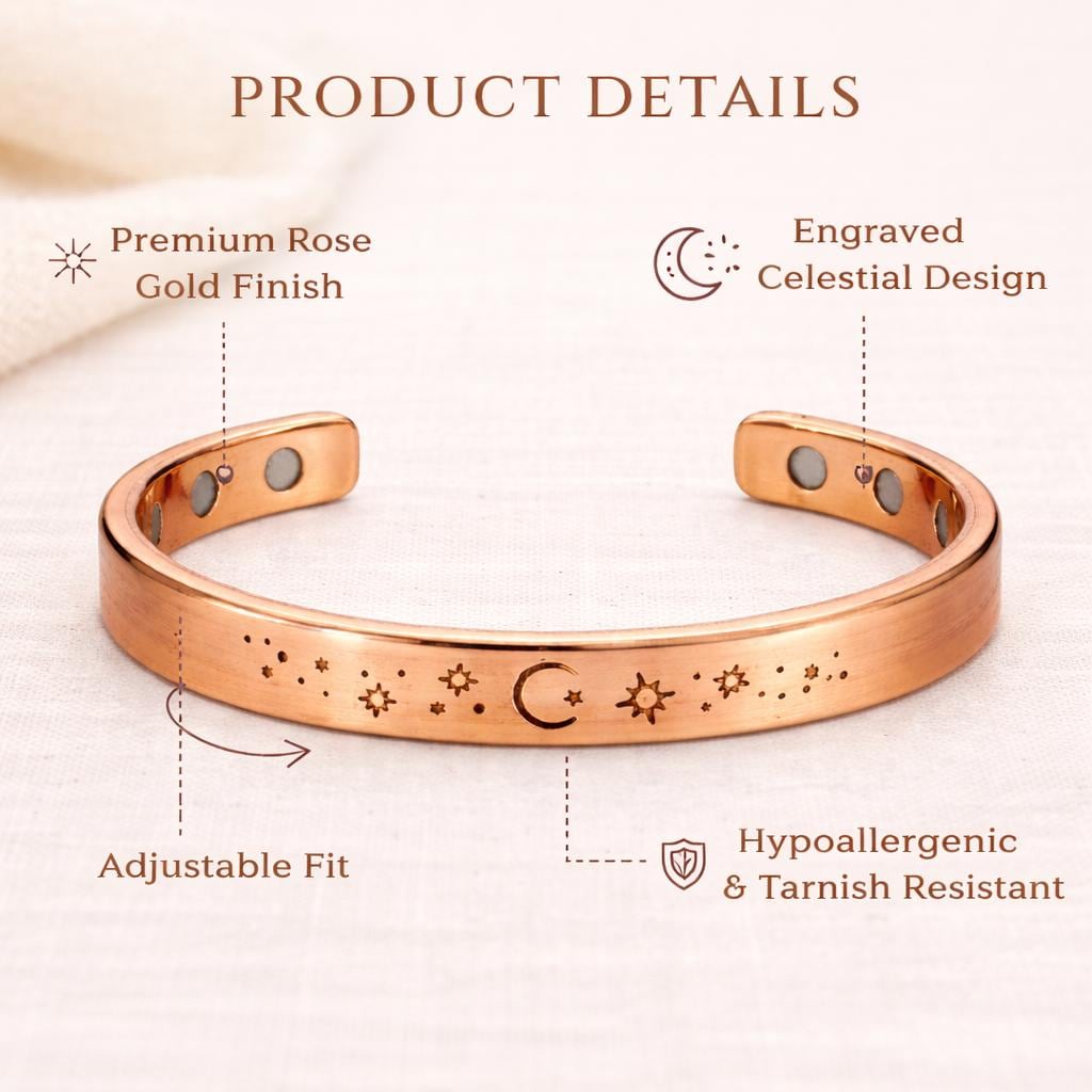 Celestial Copper Cuff Bracelet, Rose Gold Engraved Moon Sun Stars | Hand Finished Artisan Jewelry