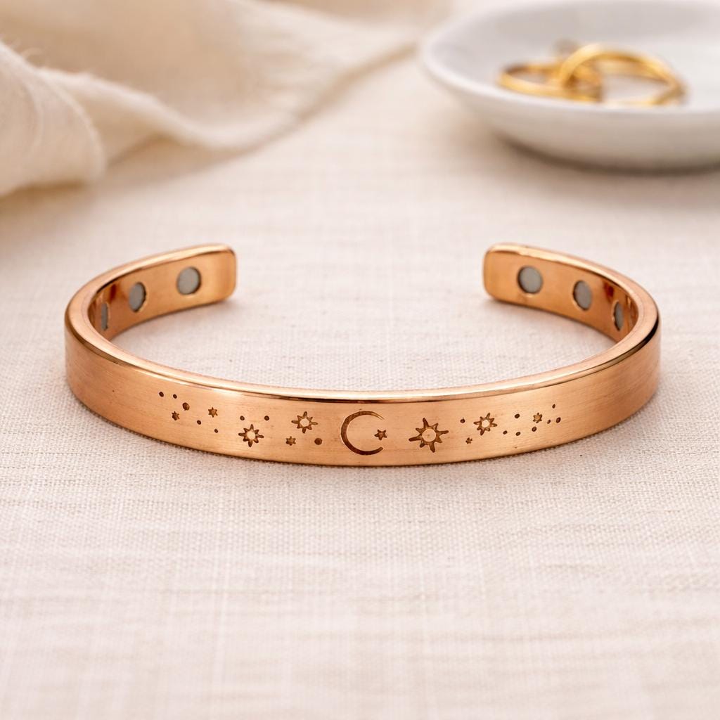 Celestial Copper Cuff Bracelet, Rose Gold Engraved Moon Sun Stars | Hand Finished Artisan Jewelry