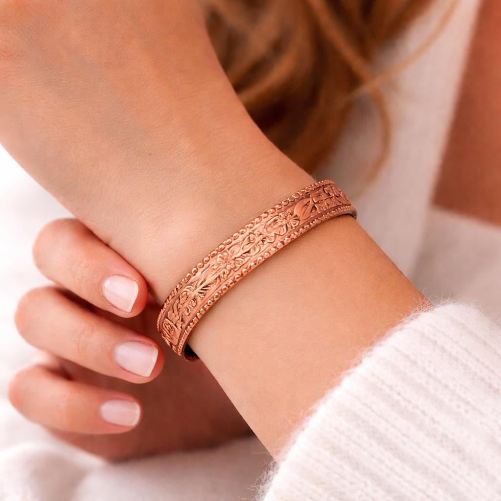 Engraved Floral Copper Cuff Bracelet | Vintage Style Bangle for Women