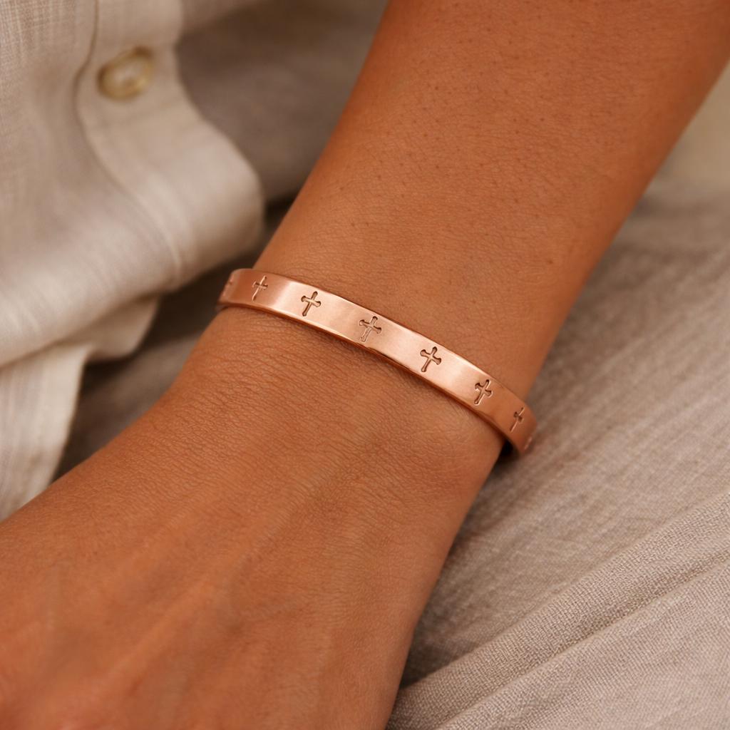 Engraved Copper Cross Cuff Bracelet | Hand Made Copper Bangle, Unisex Open Cuff Bracelet, Spiritual Jewelry