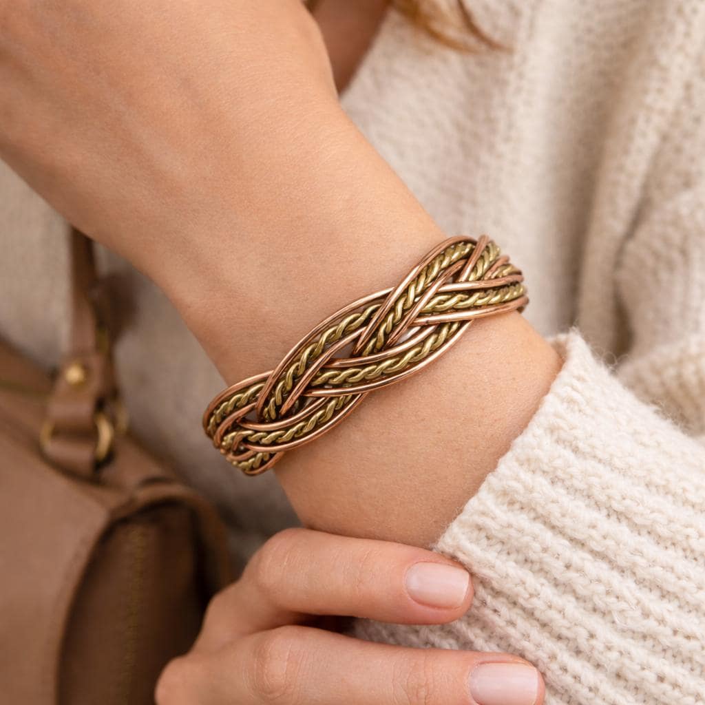 Handmade Copper Braided Bangle, Mixed Metal Braided Cuff Bracelet, Adjustable Fashion Jewelry