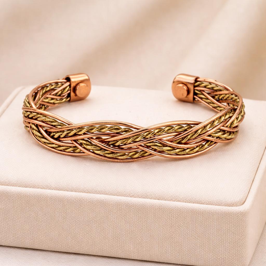 Handmade Copper Braided Bangle, Mixed Metal Braided Cuff Bracelet, Adjustable Fashion Jewelry