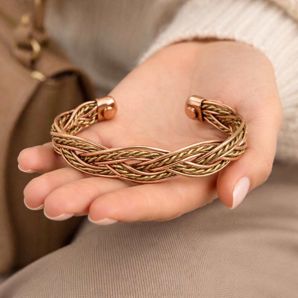 Handmade Copper Braided Bangle, Mixed Metal Braided Cuff Bracelet, Adjustable Fashion Jewelry