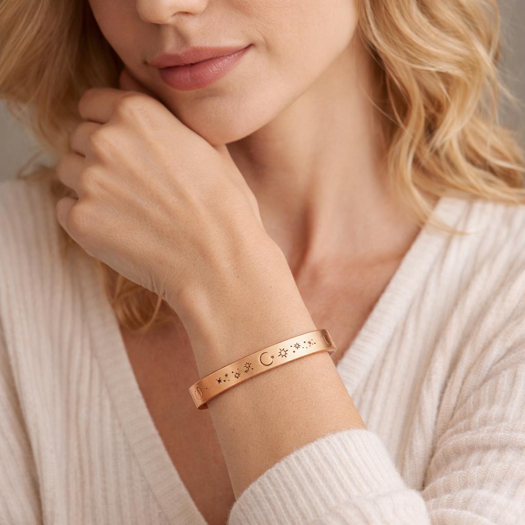 Celestial Copper Cuff Bracelet, Rose Gold Engraved Moon Sun Stars | Hand Finished Artisan Jewelry