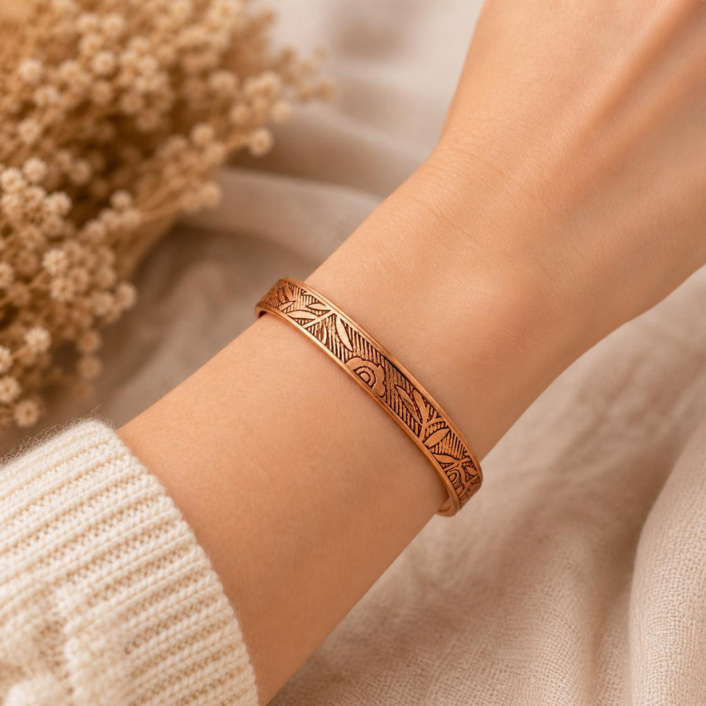 Engraved Copper Cuff Bracelet | Adjustable Artisan Bangle, Minimalist Style