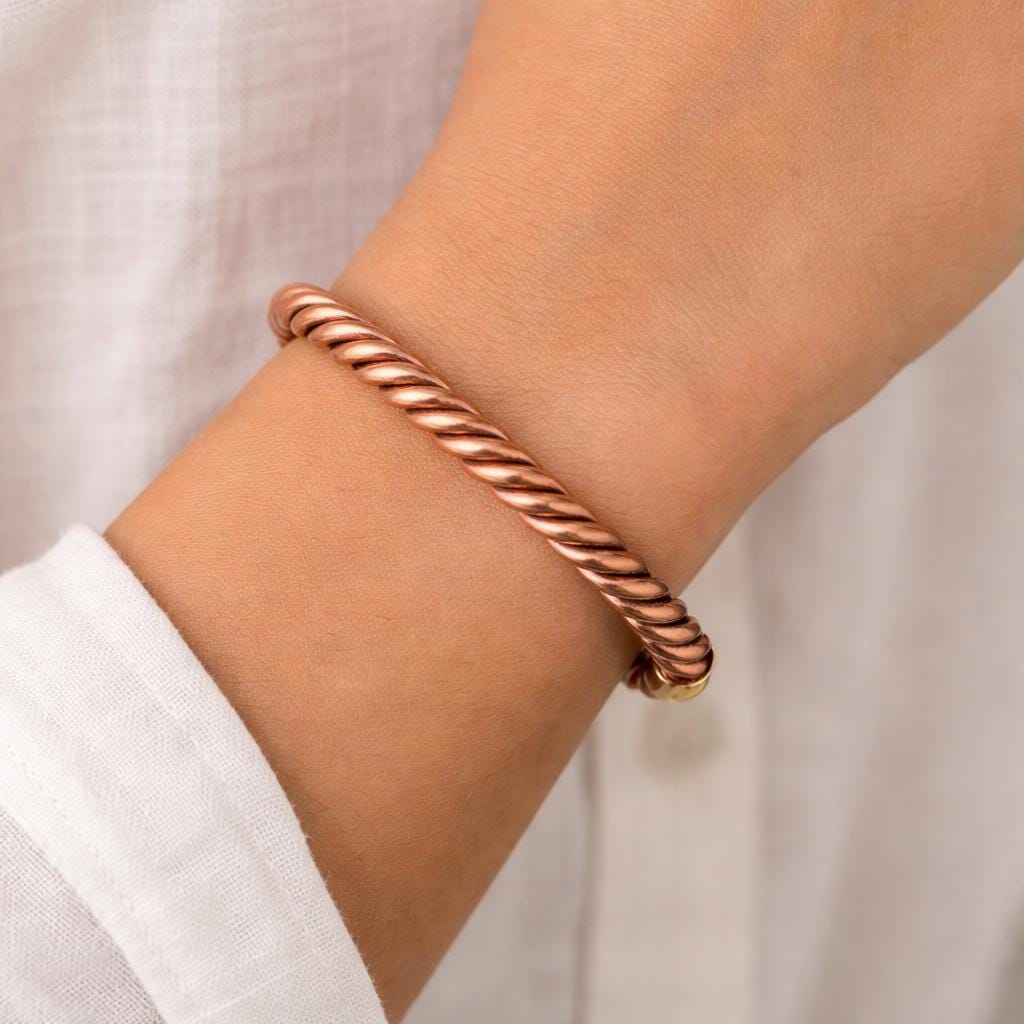 Twisted Copper Cuff Bracelet – Unisex Rustic Adjustable Jewelry, Gold-Tone Tips