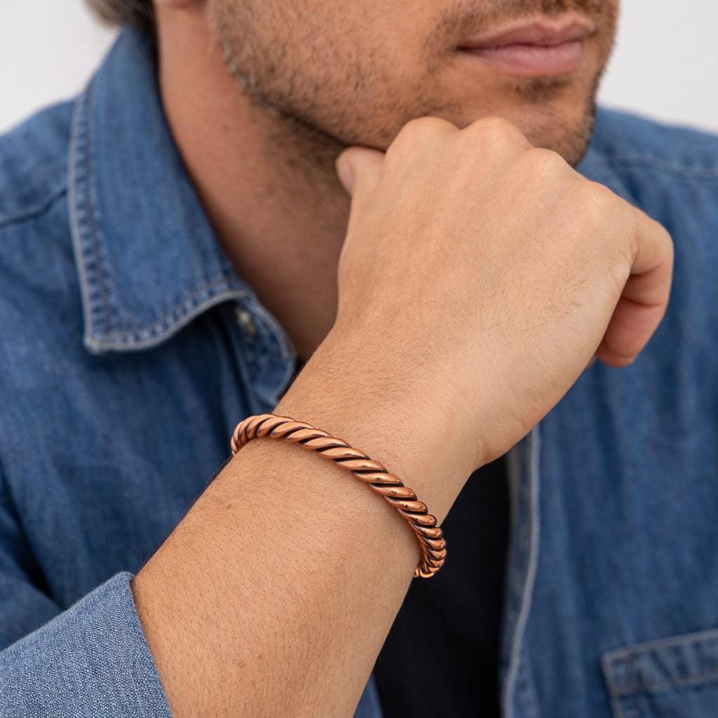 Twisted Copper Cuff Bracelet – Unisex Rustic Adjustable Jewelry, Gold-Tone Tips