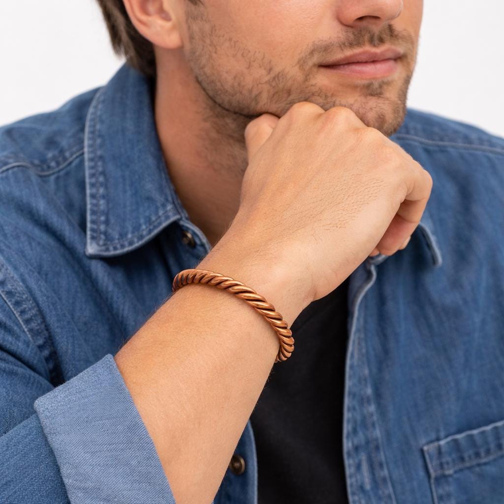 Twisted Copper Cuff Bracelet – Unisex Rustic Adjustable Jewelry, Gold-Tone Tips