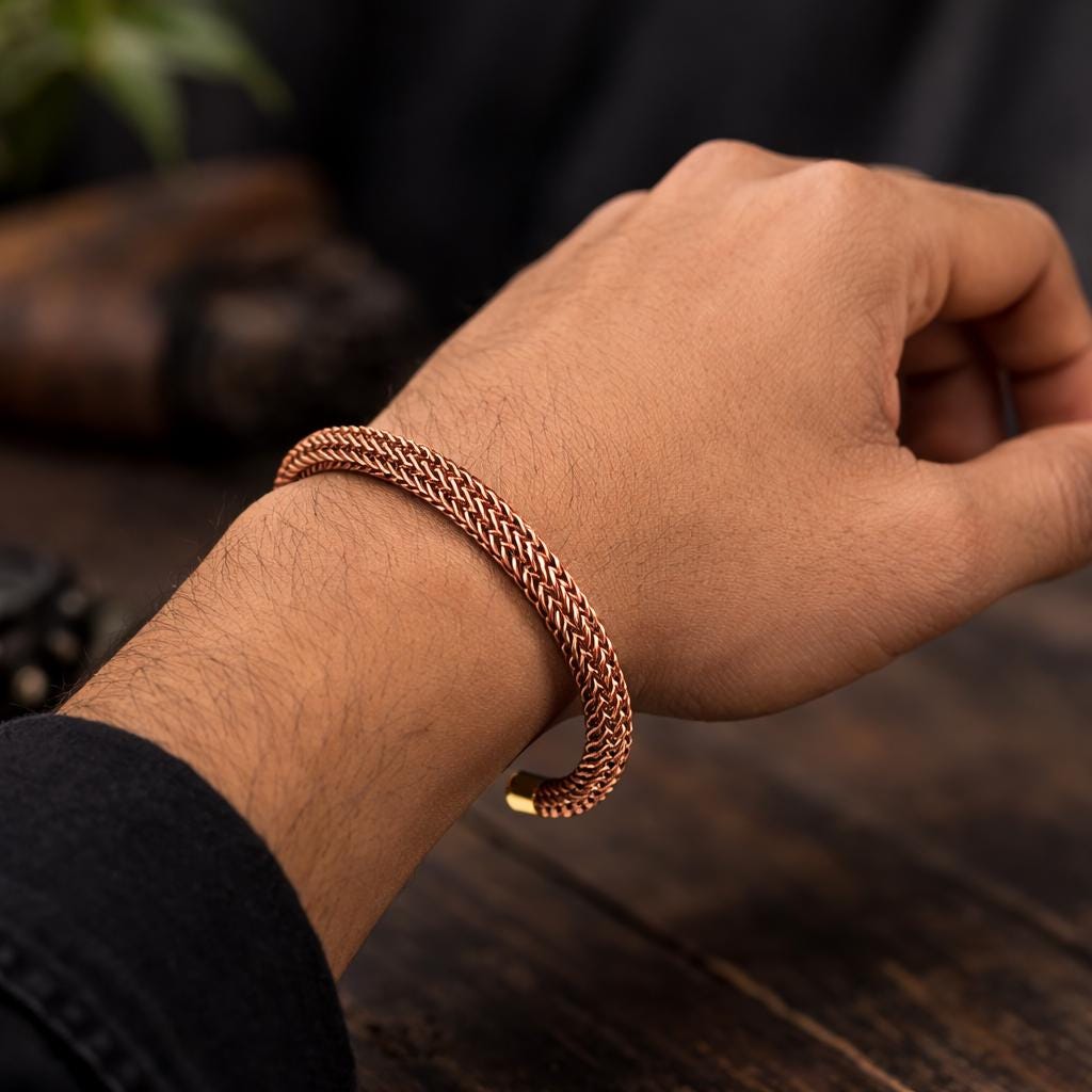 Hand-Finished Braided Copper Cuff Bracelet – Rustic Men's Artisan Jewelry