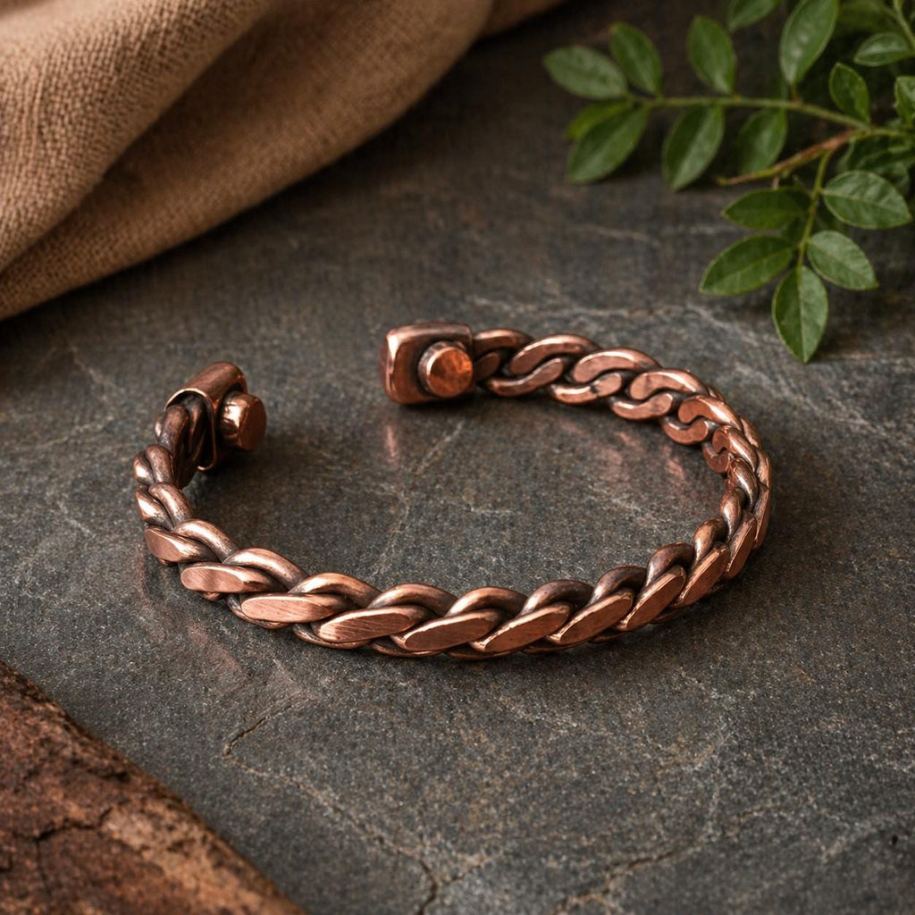 Handmade Braided Copper Cuff Bracelet, Rustic Adjustable Cuff for Men