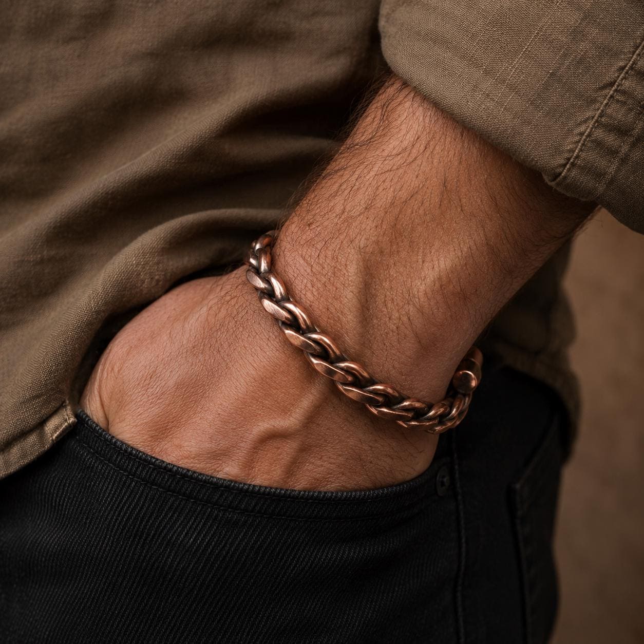 Handmade Braided Copper Cuff Bracelet, Rustic Adjustable Cuff for Men