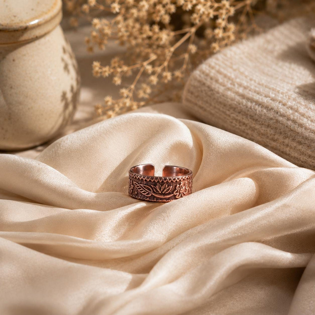 Handmade Copper Floral Thumb Ring, Rustic Boho Statement Band Jewelry Unisex Artisan Jewelry
