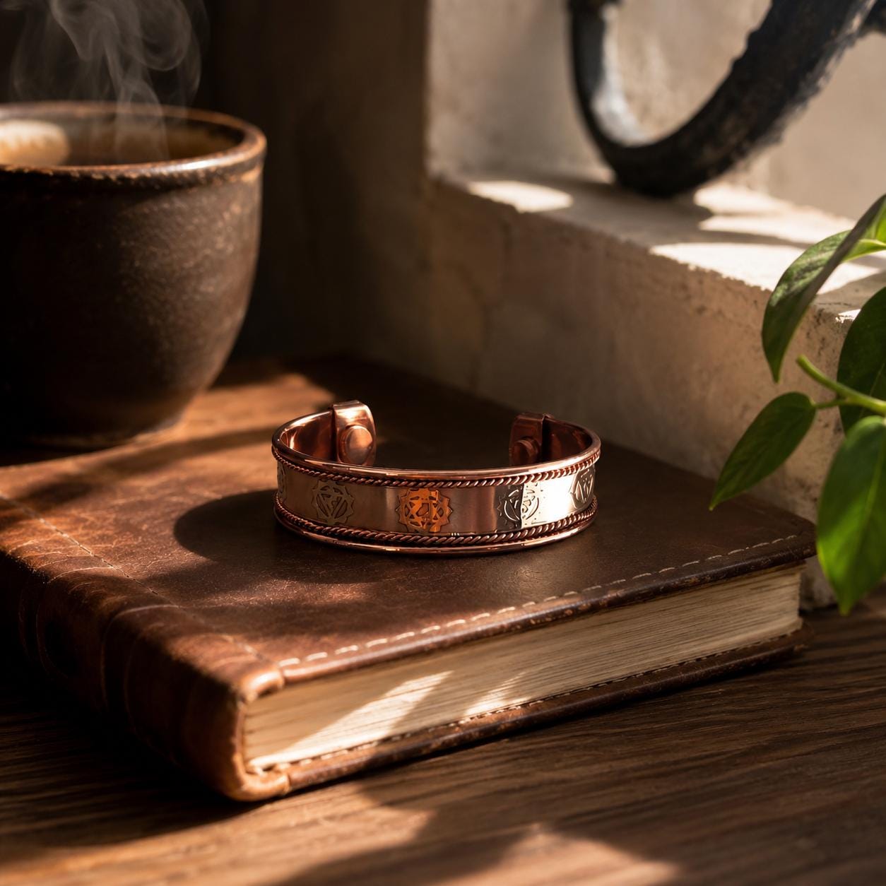 Handmade 7 Chakra Copper Cuff Bracelet – Adjustable Artisan Boho Jewelry