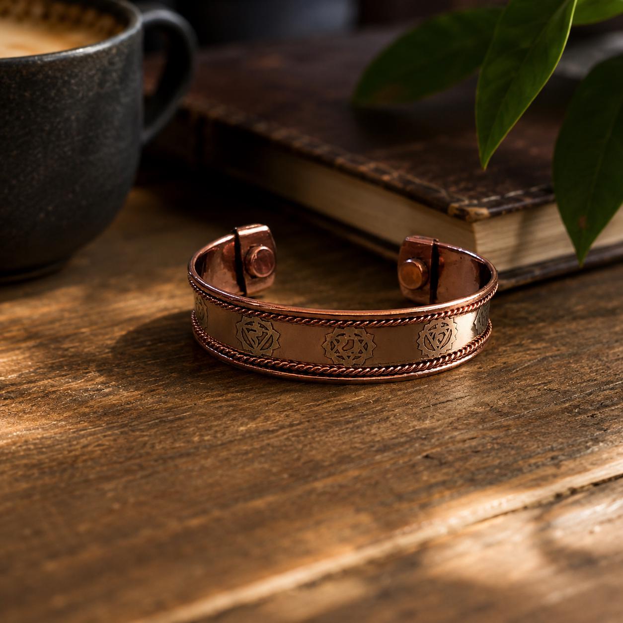 Handmade 7 Chakra Copper Cuff Bracelet – Adjustable Artisan Boho Jewelry