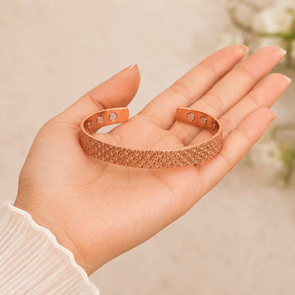 Handcrafted Copper Cuff Bracelet, Embossed Texture, Adjustable Boho Jewelry