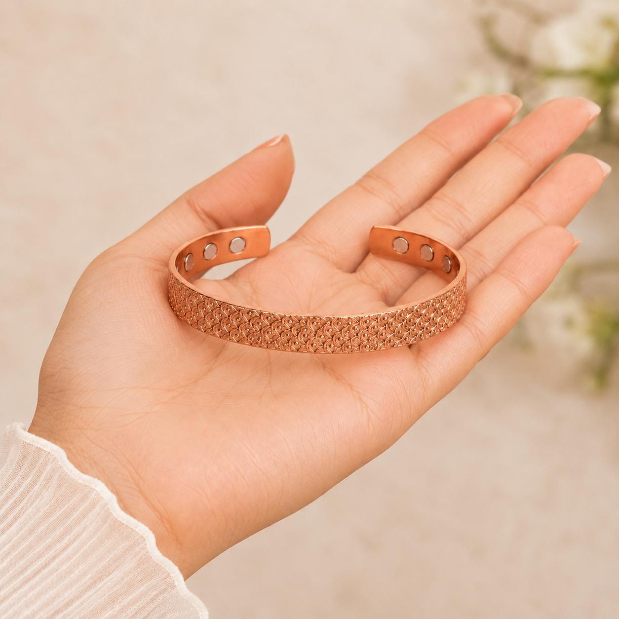 Handcrafted Copper Cuff Bracelet, Embossed Texture, Adjustable Boho Jewelry