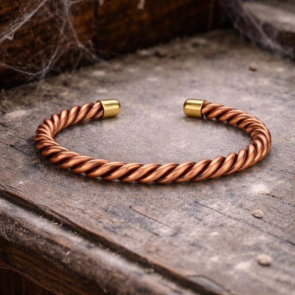 Twisted Copper Cuff Bracelet – Unisex Rustic Adjustable Jewelry, Gold-Tone Tips
