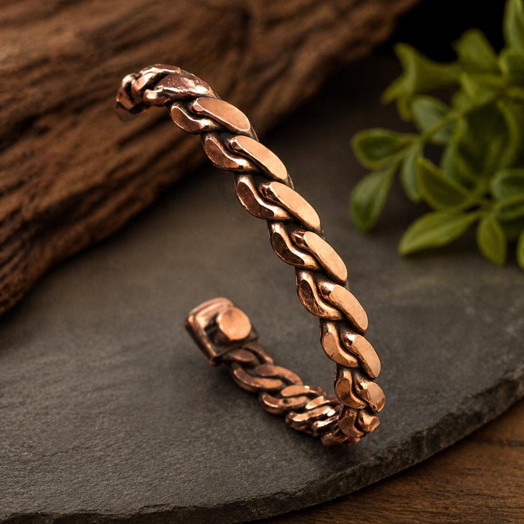 Handmade Braided Copper Cuff Bracelet, Rustic Adjustable Cuff for Men