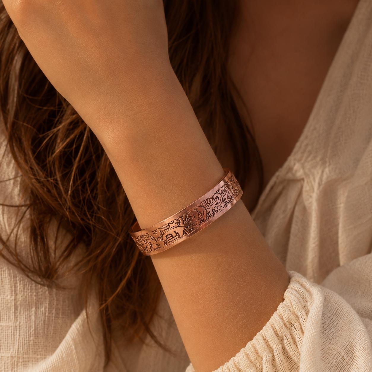 Handmade Copper Cuff Bracelet, Intricate Rustic Design, Adjustable Bangle, Minimalist Boho Jewelry
