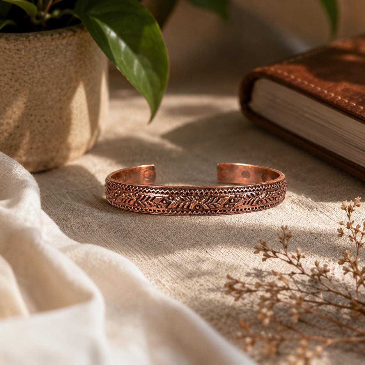 Handmade Floral Copper Bracelet for Women, Rustic Engraved Copper Cuff Jewelry