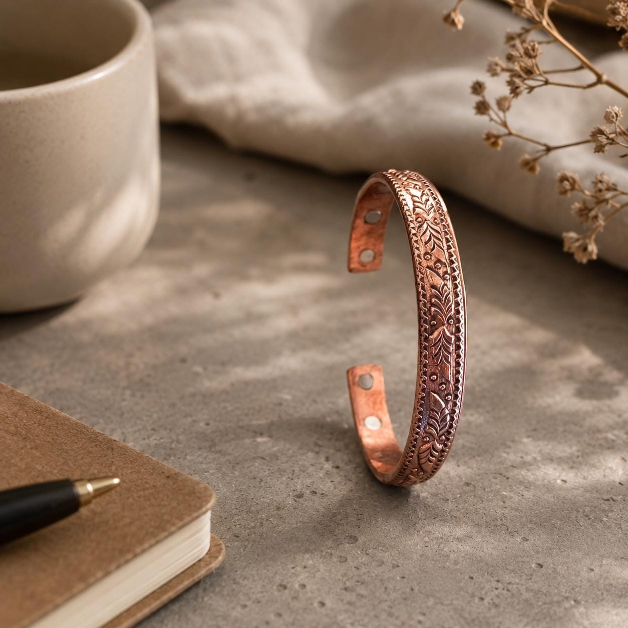 Handmade Floral Copper Bracelet for Women, Rustic Engraved Copper Cuff Jewelry