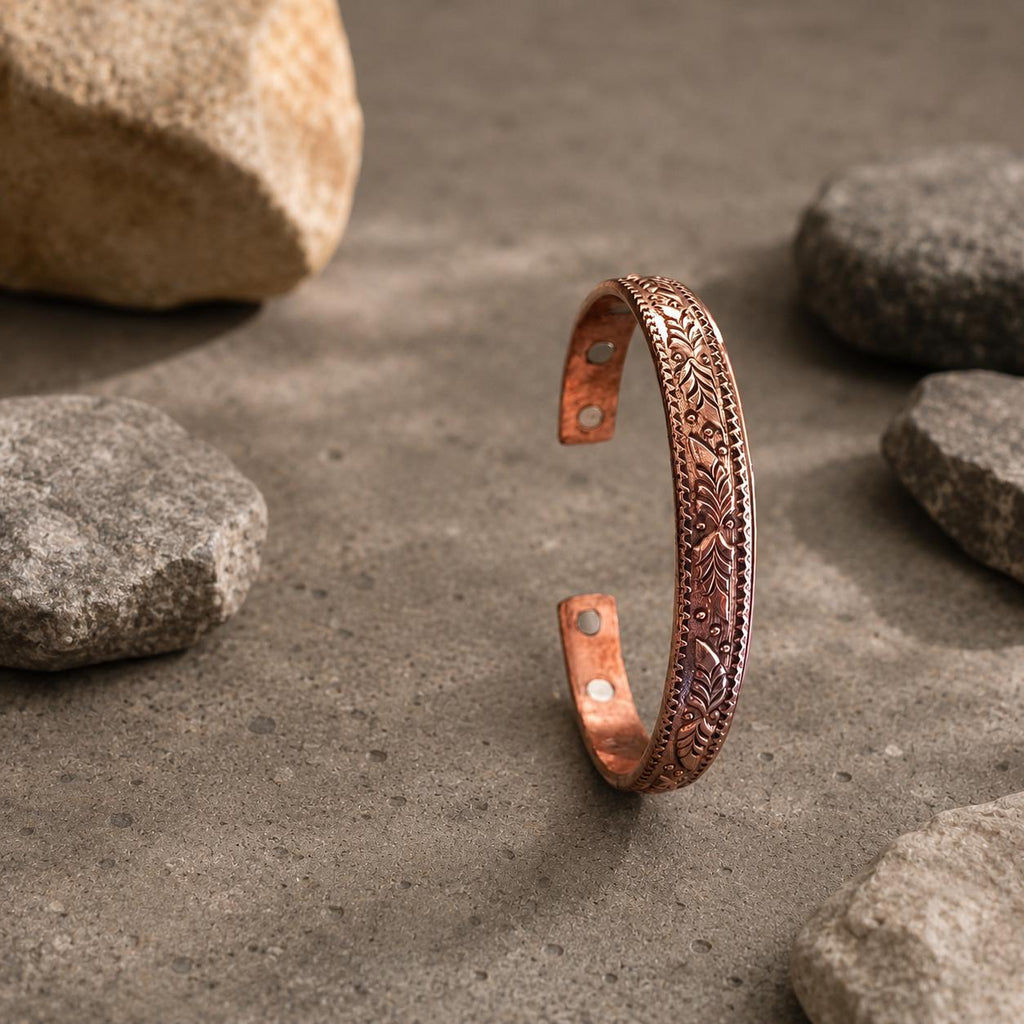 Handmade Floral Copper Bracelet for Women, Rustic Engraved Copper Cuff Jewelry