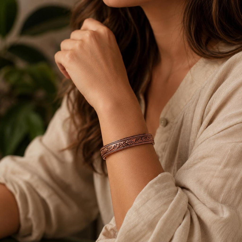 Handmade Floral Copper Bracelet for Women, Rustic Engraved Copper Cuff Jewelry
