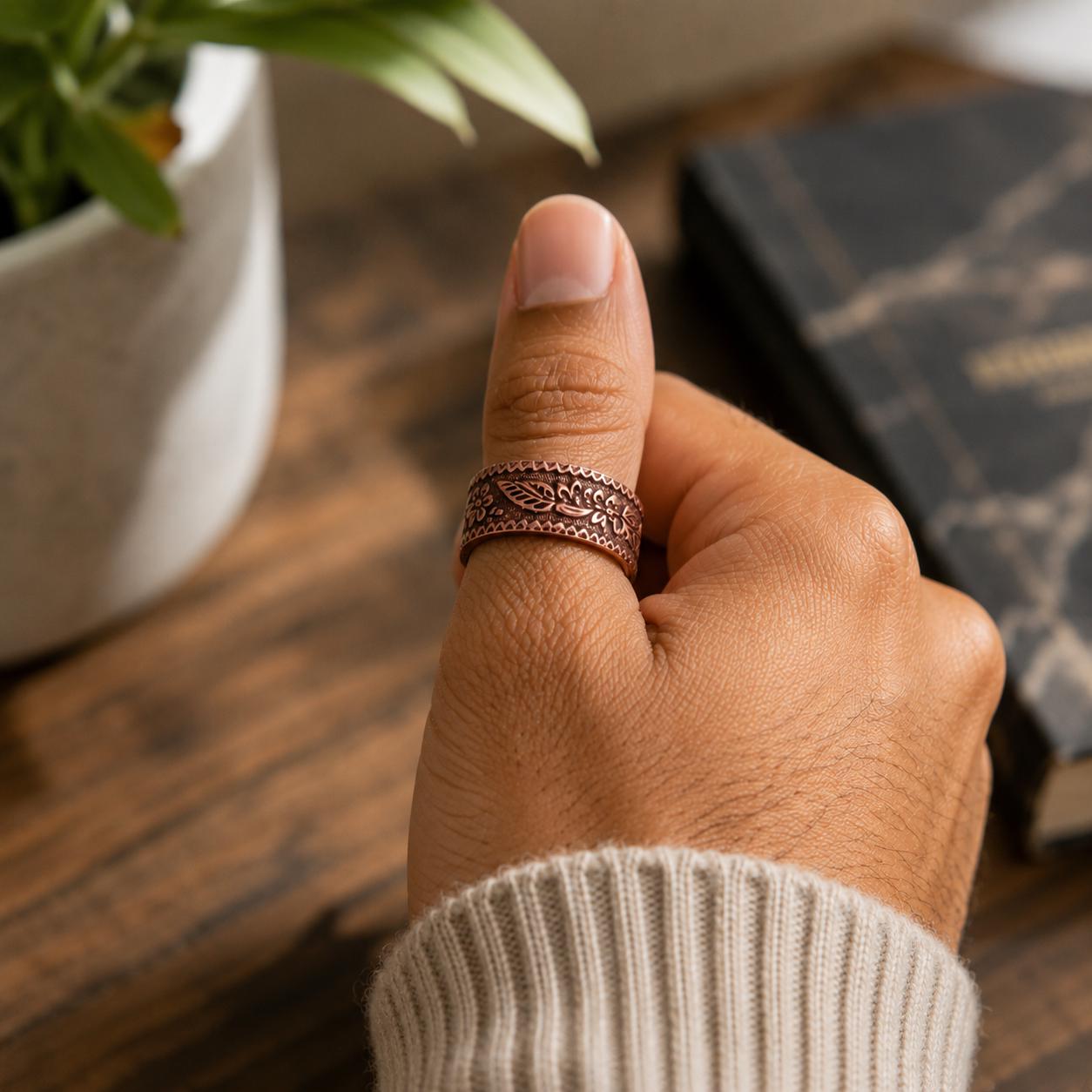 Handmade Copper Floral Thumb Ring, Rustic Boho Statement Band Jewelry Unisex Artisan Jewelry