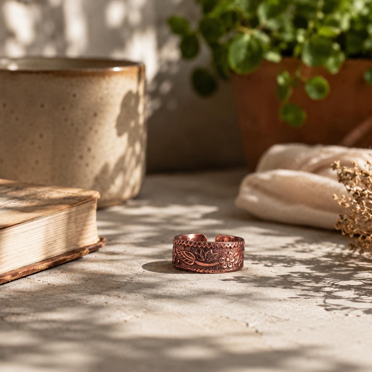Handmade Copper Floral Thumb Ring, Rustic Boho Statement Band Jewelry Unisex Artisan Jewelry
