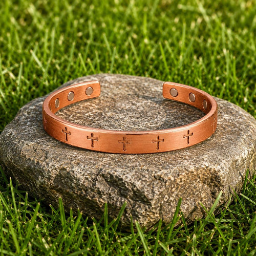 Engraved Copper Cross Cuff Bracelet | Hand Made Copper Bangle, Unisex Open Cuff Bracelet, Spiritual Jewelry
