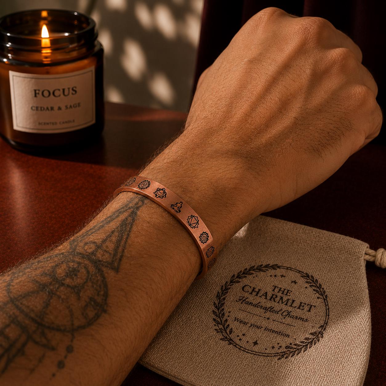 Chakra Copper Cuff Bracelet for Men & Women – Handmade Adjustable Unisex Jewelry, Spiritual Gift