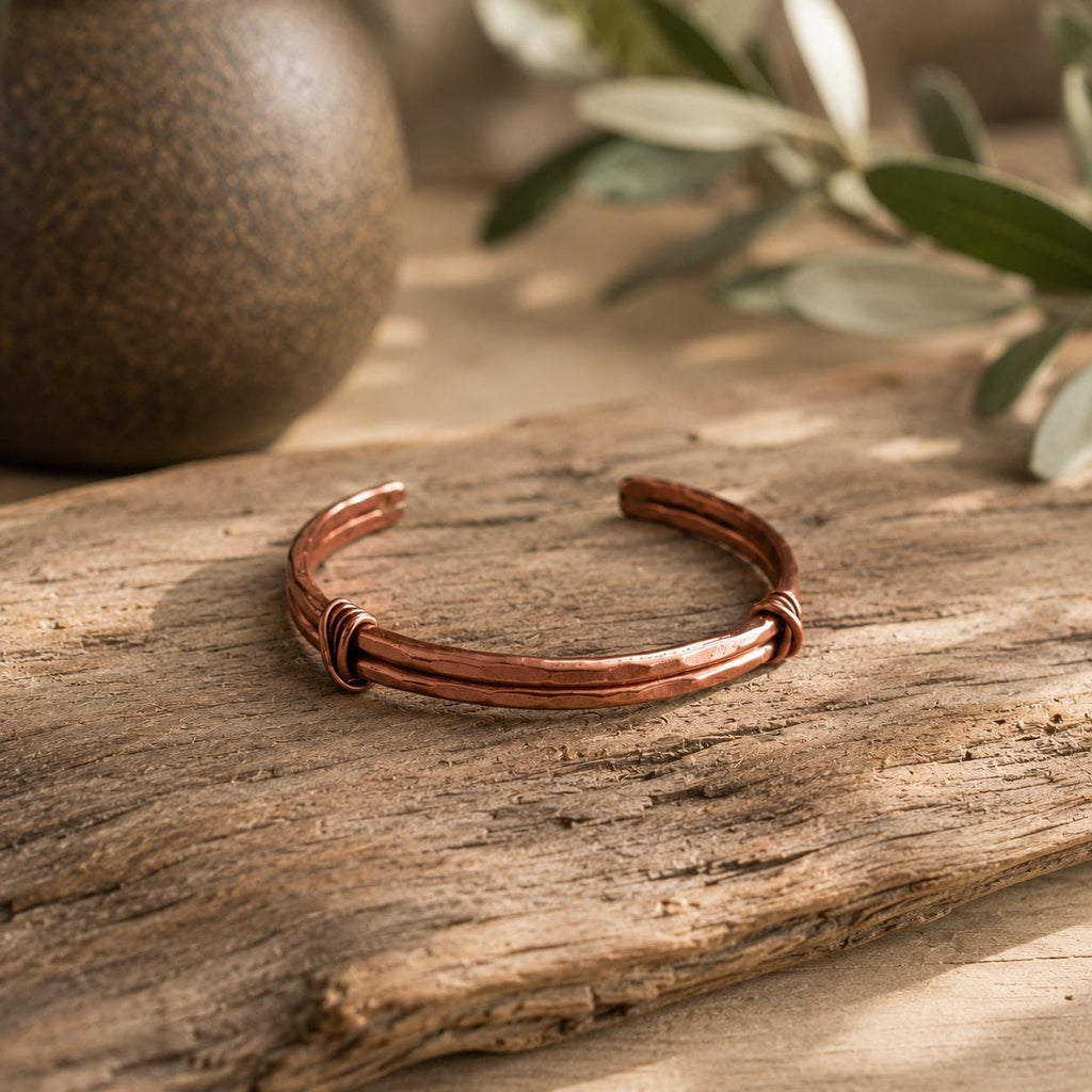 Hammered Copper Cuff Bracelet, Double Band Wire Wrapped, Rustic Unisex Jewelry