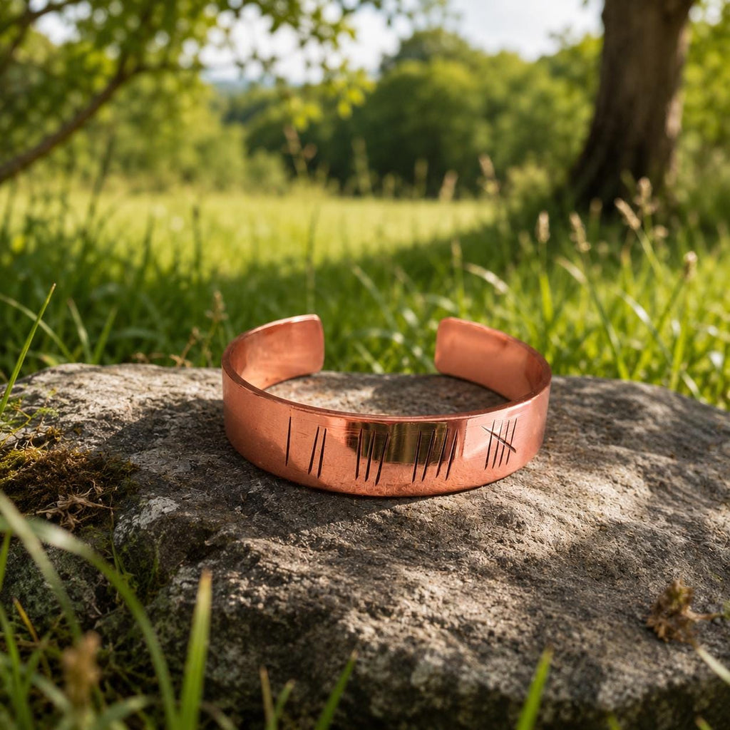Engraved Copper Cuff Bracelet, Rustic Tally Mark Unisex Jewelry, Adjustable Handmade Bangle