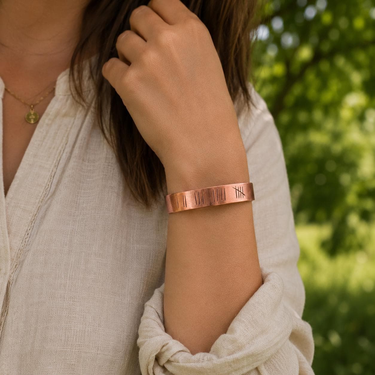 Engraved Copper Cuff Bracelet, Rustic Tally Mark Unisex Jewelry, Adjustable Handmade Bangle