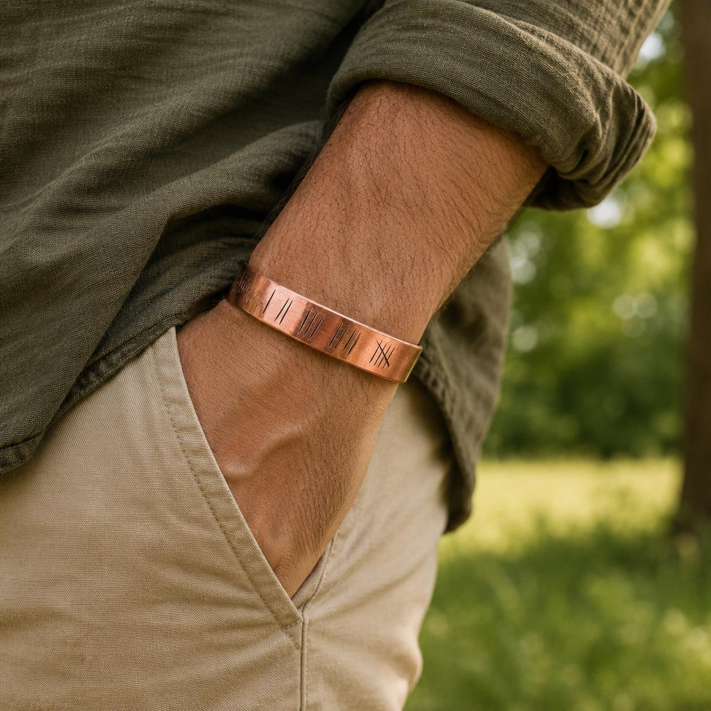 Engraved Copper Cuff Bracelet, Rustic Tally Mark Unisex Jewelry, Adjustable Handmade Bangle