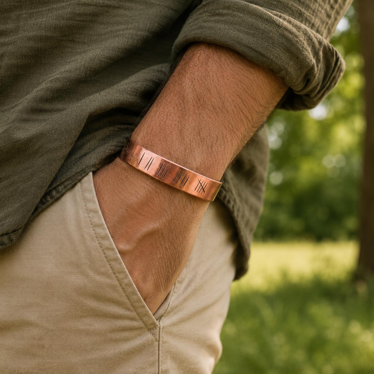 Engraved Copper Cuff Bracelet, Rustic Tally Mark Unisex Jewelry, Adjustable Handmade Bangle