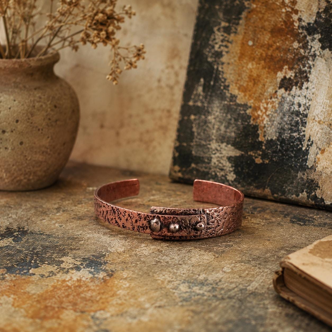 Hammered Copper Cuff Bracelet, Textured Adjustable Unisex Artisan Jewelry