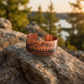 Engraved Mountain Copper Cuff Bracelet, Forest Landscape Nature Jewelry, Adjustable Hiking Bangle