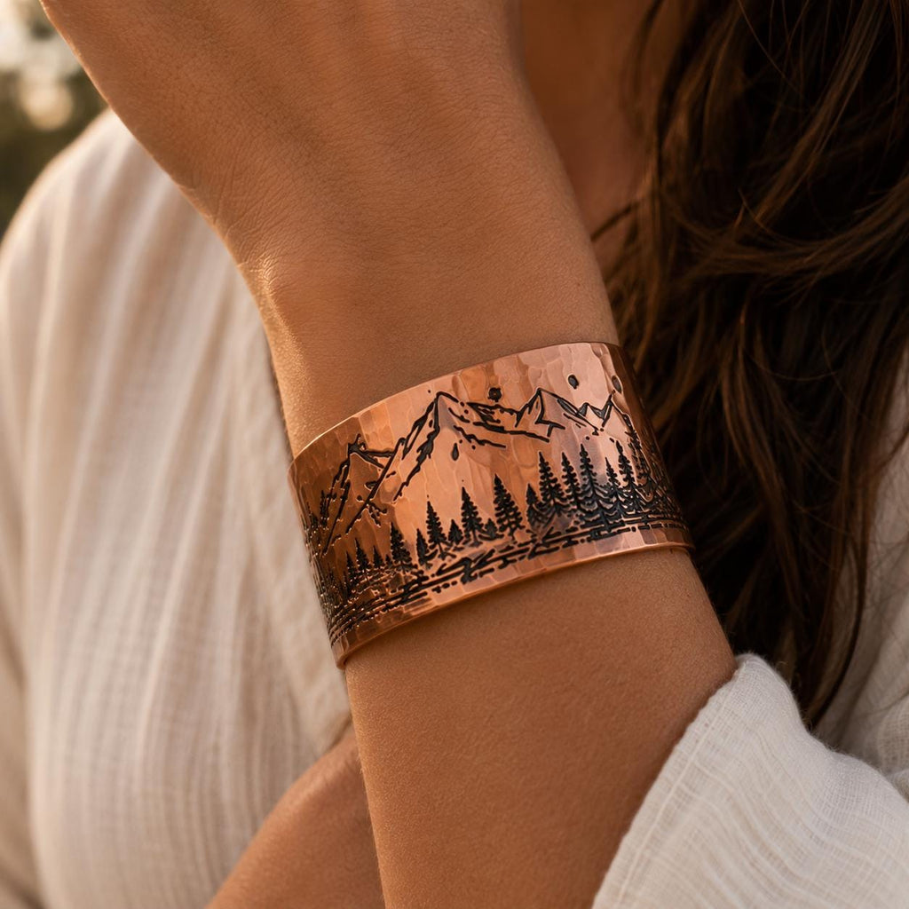 Engraved Mountain Copper Cuff Bracelet, Forest Landscape Nature Jewelry, Adjustable Hiking Bangle